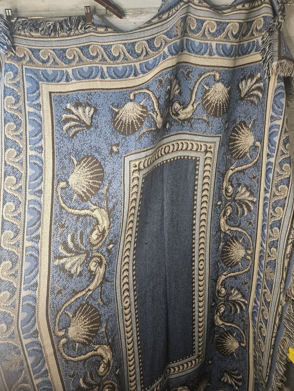 Vintage Coastal Tapestry Blanket Throw Blue Seashells Nautical Beach EUC